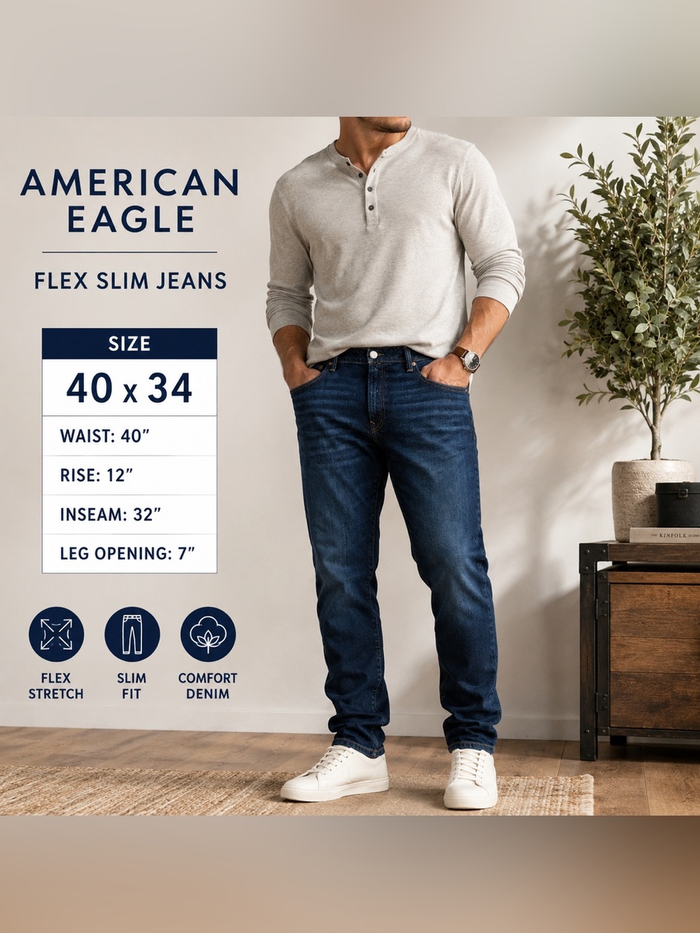 American Eagle Flex Slim Jeans Men’s 40x34 Dark Wash Stretch Denim 40x32